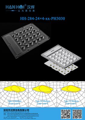 T2M/T3M/T4M Angle WaterProof LED Lens with 96pcs 3030LEDs 160×125.49MM Optical Grade PC For Street Lighting