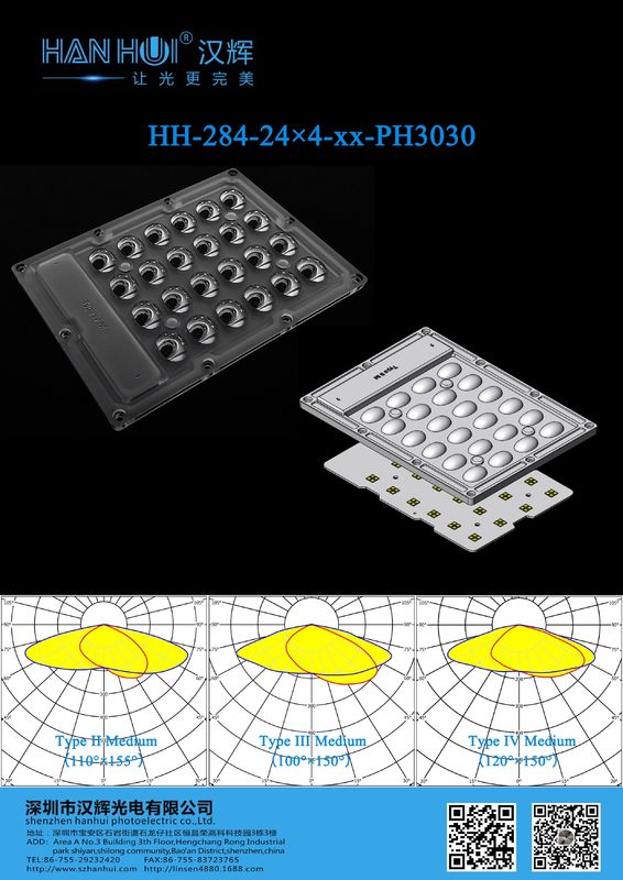 T2M/T3M/T4M Angle WaterProof LED Lens with 96pcs 3030LEDs 160×125.49MM Optical Grade PC For Street Lighting