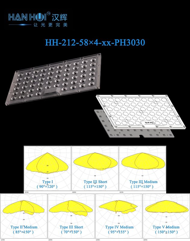 3030 Light Source 58x4 279x150mm LED Street Lighting Lens for Uniform Distribution and Long-lasting Outdoor Performance