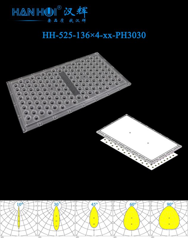 10°/30°/45°/60°/90° Available 544pcs 3030LEDs 400×220×13.1mm High Transmittance Low Glare WaterProof Stadium Lighting Lens