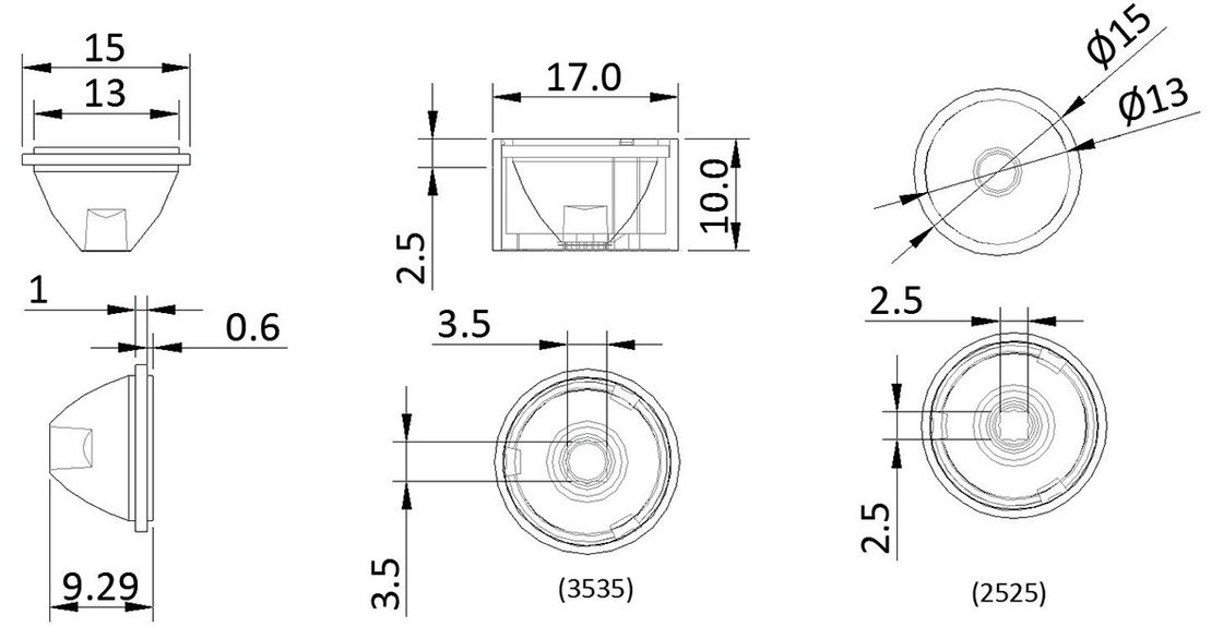 8 Lighting Angles Φ15mm Size 3030/3535 LEDs High Power Water Resistance LightWeight Single Lens