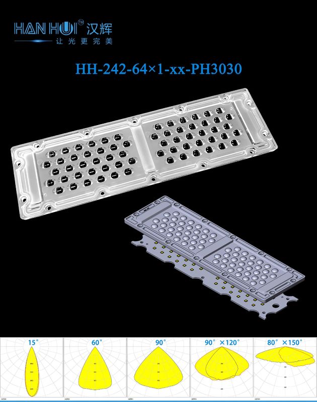 64pcs 3030LEDs Multiple Angles Available 236×70MM Size Glare Reduction PC Material IP65 Grade Uniform Ilumination Street and Area Lighting Lens