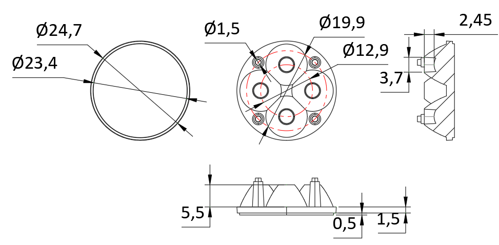 PMMA Material 3535LEDs 30° Available φ24.7mm Flighlight Lens